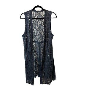 Voice Of California Blue Open Front Lace Studded Floral Jacket Vest Size XL